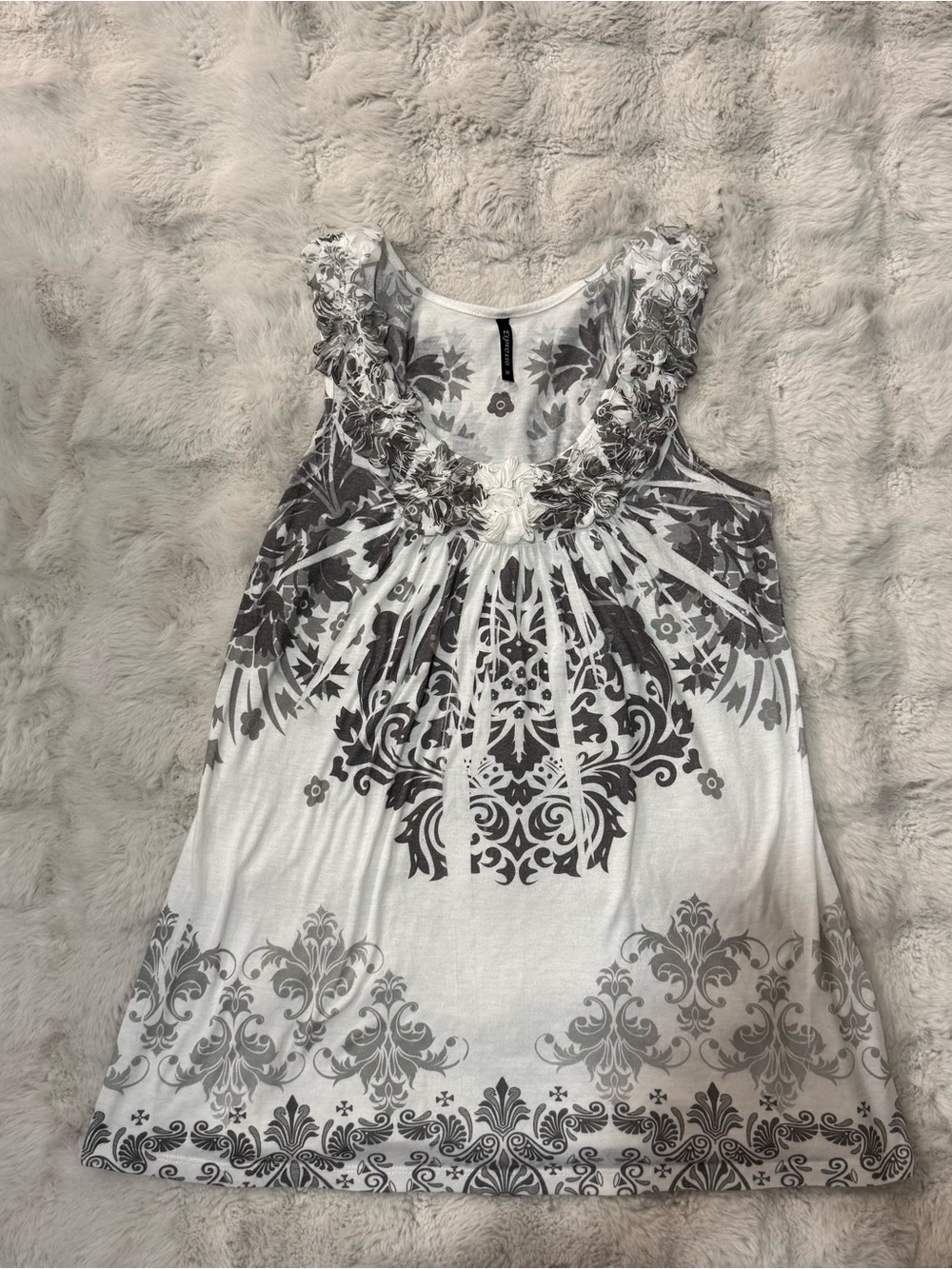 Espresso Y2K Graphic Damask Ruffle Tank Top